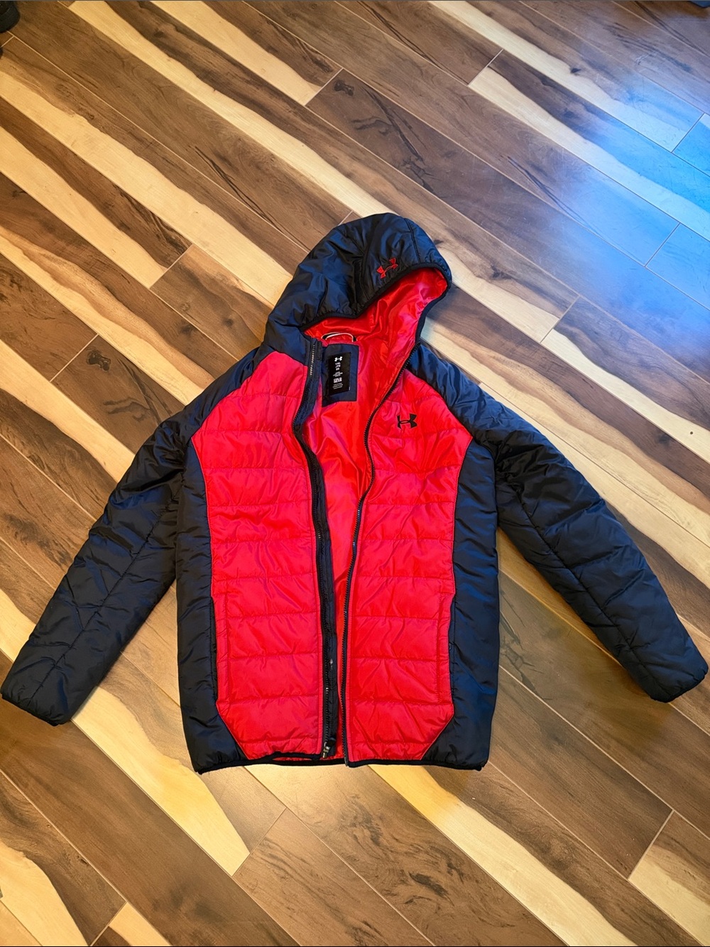 Under Armour Kids Red and Black Hooded Puffer Jacket